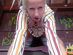 Horny blonde MILF pussydrilled in public