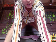 Horny blonde MILF pussydrilled in public