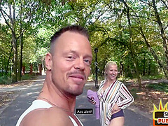 Horny blonde MILF pussydrilled in public