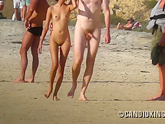 shaved pussy asian girl strolls on the beach with white man