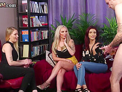 Sexy CFNM babes give BJ to lucky dude