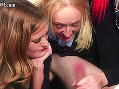 Stunning CFNM babes cocksucking stud