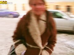 Young looking brunette Mystica sucks cock in public