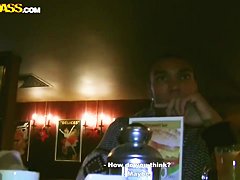 Young looking brunette Mystica sucks cock in public