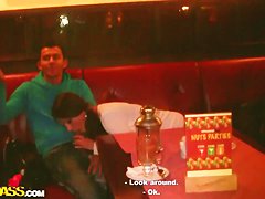 Young looking brunette Mystica sucks cock in public