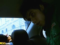 The Asian girl is fed with long ebony gun stick