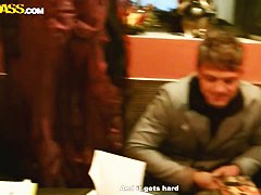 The Asian girl is fed with long ebony gun stick