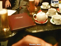 The Asian girl is fed with long ebony gun stick