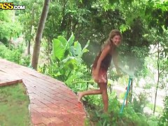 Professional Thai prostitute Tiffany swallows dick in the public park