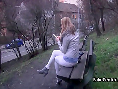 Babe fucking fat cock in public