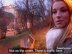 Babe fucking fat cock in public