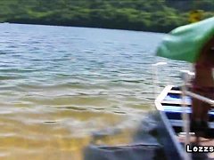 Group of Czech lesbians on boat having oral sex