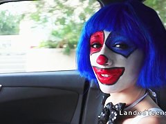 Teen in clown costume banging outdoor to cumshot