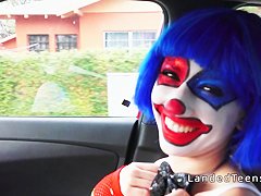 Teen in clown costume banging outdoor to cumshot