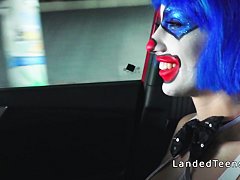 Teen in clown costume banging outdoor to cumshot