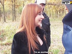 Pick uped appetizing girl with big natural boobs fucking with two pick upers