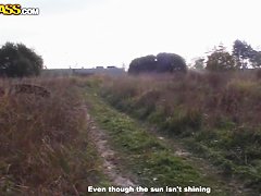 Pick uped appetizing girl with big natural boobs fucking with two pick upers