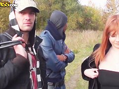 Pick uped appetizing girl with big natural boobs fucking with two pick upers