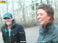 Busty girl with nice body gives a public blowjob