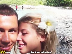 Sweet-looking blonde girl is banged on a beach