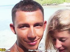 Sweet-looking blonde girl is banged on a beach