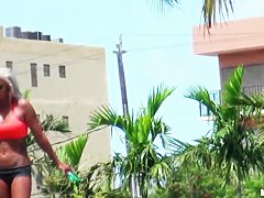 Setaming hot blonde Dee is working out outdoor