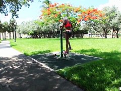 Setaming hot blonde Dee is working out outdoor