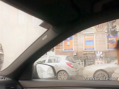 Busty teen takes anal in backseat