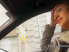 Busty teen takes anal in backseat