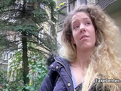 Curly haired babe fucked for cash