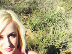 Long haired blonde with natural plump boobs sucks big dick for the money