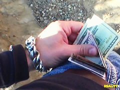 Long haired blonde with natural plump boobs sucks big dick for the money