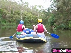 Hairy amateur girl fingered in rafting threesome