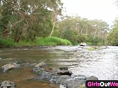Hairy amateur girl fingered in rafting threesome