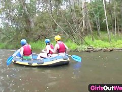 Hairy amateur girl fingered in rafting threesome