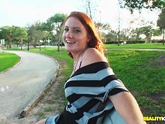 Hot read head Lindsey seduces Josh by showing him her laps and shoulders