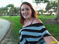 Hot read head Lindsey seduces Josh by showing him her laps and shoulders