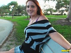 Hot read head Lindsey seduces Josh by showing him her laps and shoulders