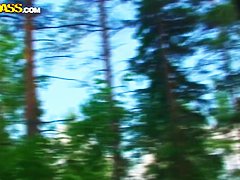 Two seductive chicks getting banged in forest