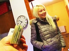 Beautiful blonde curve Karol walks on the streets and thinks about sex