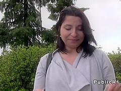 Natural busty Euro babe bangs in car in public