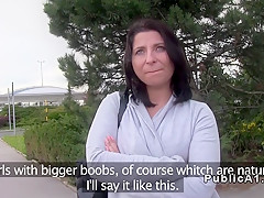 Natural busty Euro babe bangs in car in public