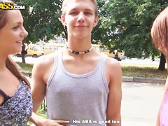 Grace and Madelyn in outdoor threesome with a guy