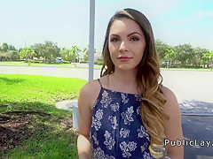 Hot brunette student bangs in public restroom