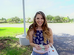 Hot brunette student bangs in public restroom