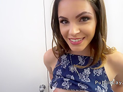 Hot brunette student bangs in public restroom