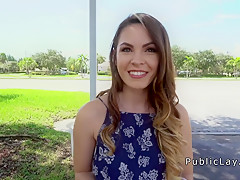 Hot brunette student bangs in public restroom