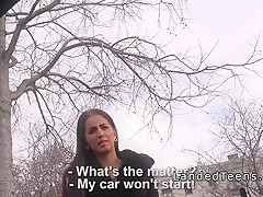 Shaved pussy teen fucks in strangers car