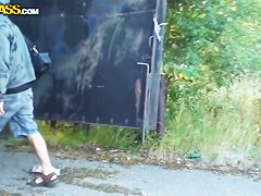 Slim brunette Veronica gets pounded doggy style outdoor