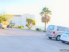 Natural titted Russian stripping in public